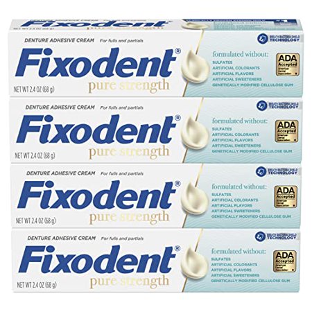 Fixodent Pure Strength Secure Denture Adhesive Cream for Full and Partial Denture Wearers  2.4oz (Pack of 4)