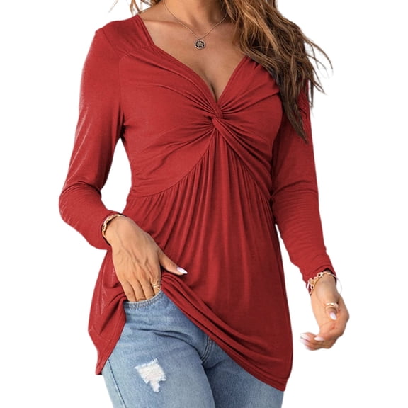 Women Long Sleeve Slim Fit V-neck Solid Color Knot Shirt Tops