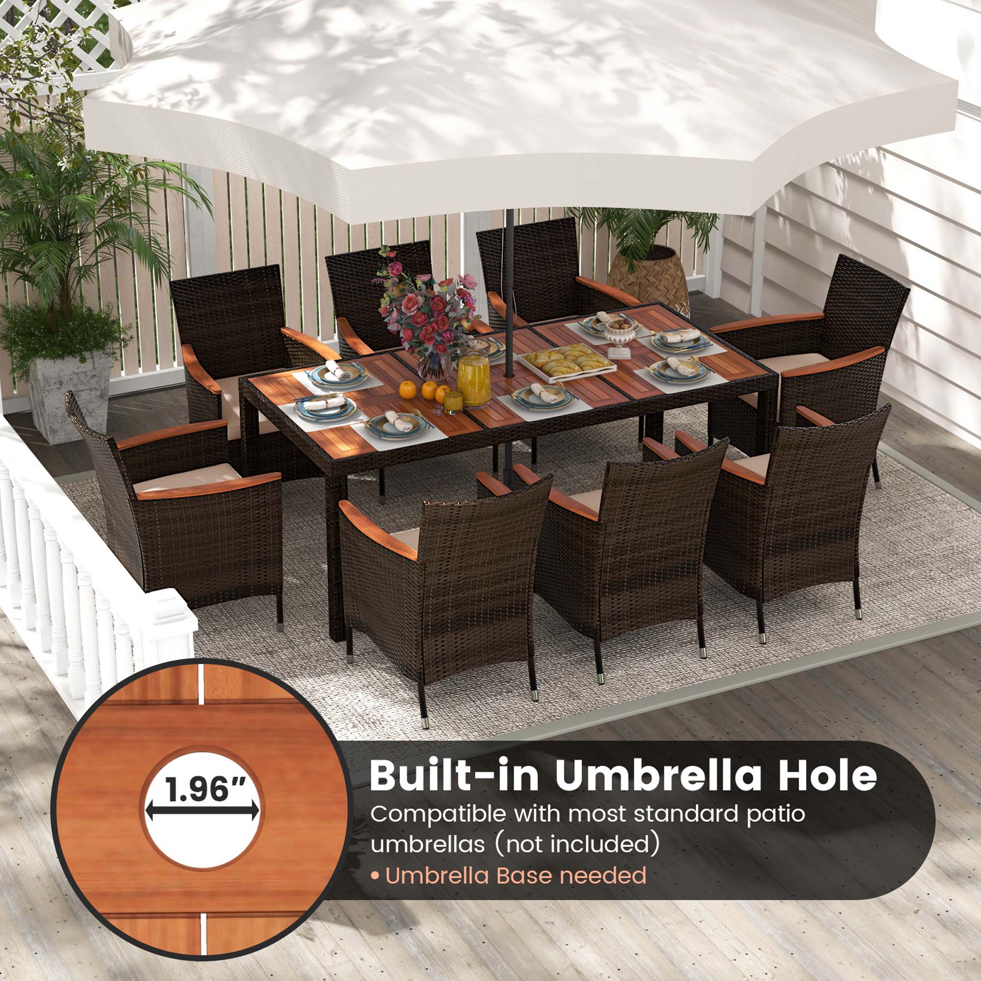 Costway 9PCS Patio Wicker Dining Set Acacia Wood Table Top Umbrella Hole Cushions Chairs - image 5 of 10