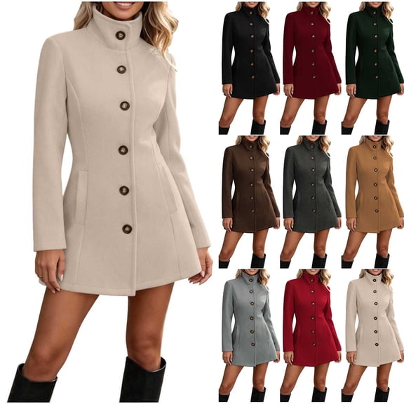 Women's Stand‑collar Button‑front Coat, Long‑sleeve Fall Winter Outerwear with Side Hand Pockets, Fall Office Peacoat, Warm Casual Holiday Everyday Wear Beige XL