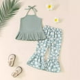 thumbnail image 3 of Girls Outfits Little Girl 2 Piece Outfits Flower Suspenders Printed Flare Trousers Toddler Clothes Green 18 Months-24 Months, 3 of 3