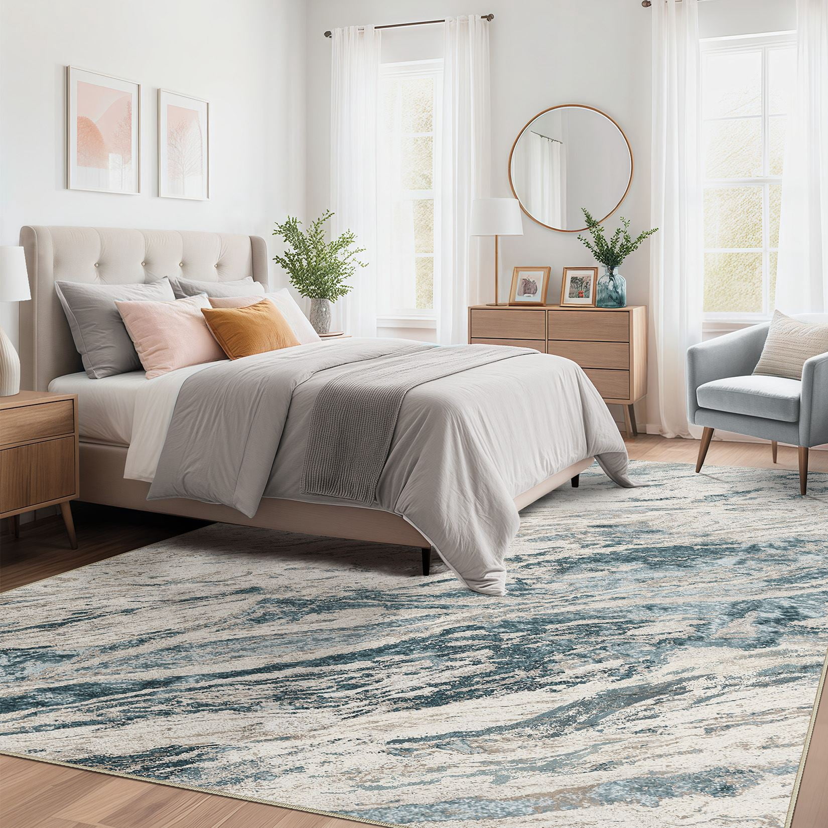 MICGEEK 6x9 Washable Area Rugs for Living Room, Modern Abstract Printed Rug, Vacuum-Friendly, Non Slip Indoor Rug for Bedroom Dining Room Home Decor Carpet, Blue/Brown