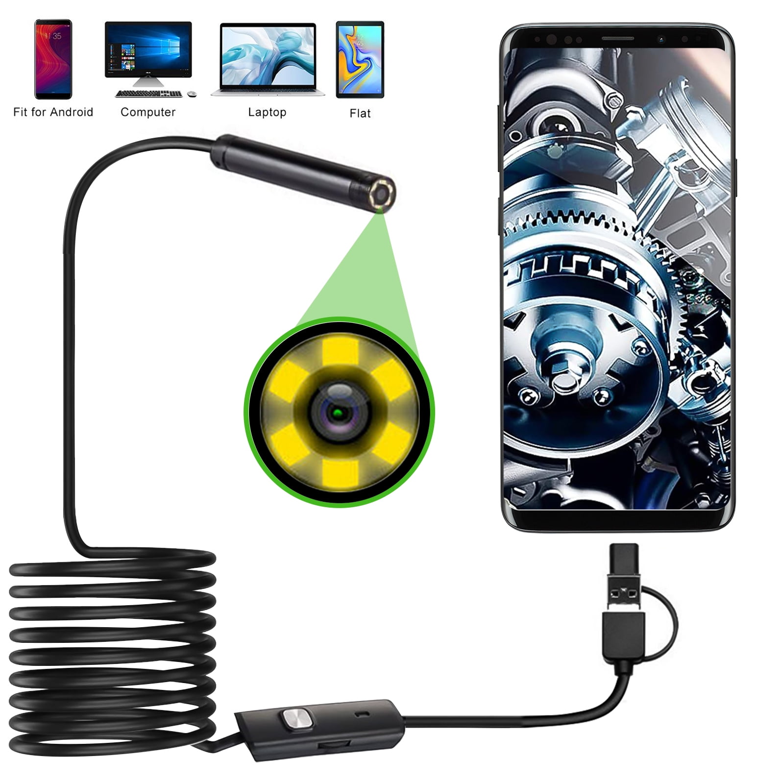 Black CLY USB Endoscope Waterproof Borescope Type-C Snake Inspection Camera 2.0 MP with 8 Adjustable LED Lights for Android Phone Tablet Device PC Laptop 
