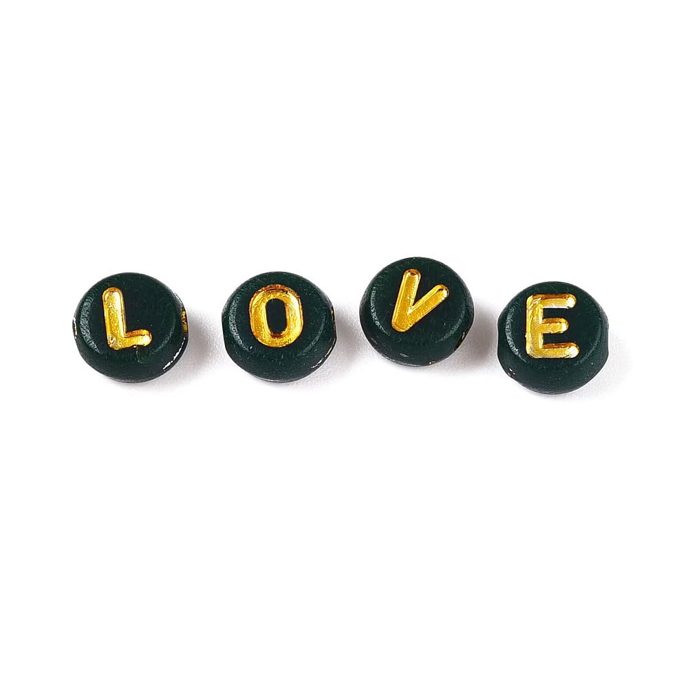 500gs Plating Acrylic Beads with Metal Enlaced Flat Round with Letter Teal 7x4mm Hole: 1.6mm about 3330pcs/500g