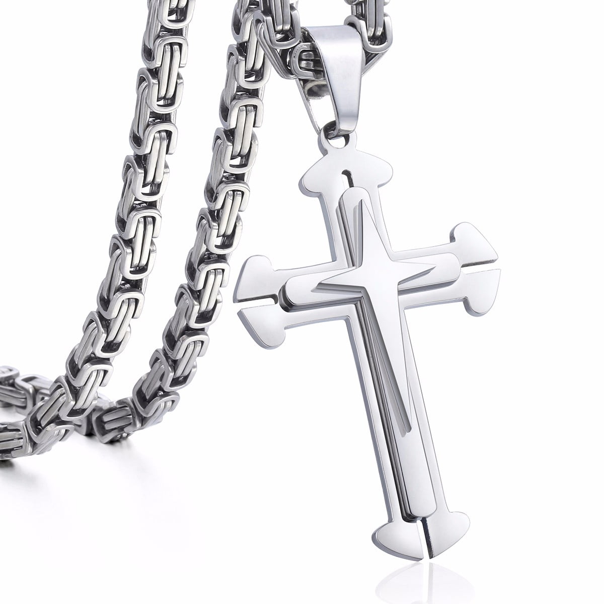 Stainless Steel Antiqued Cross Shield Pendant Necklace 48x30mm 24 Inches
