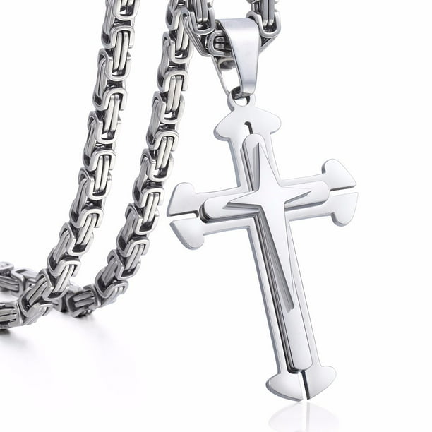 Hermah Mens Stainless Steel Cross Pendant Necklace Chain Byzantine