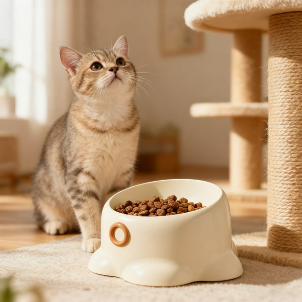 Comedero y bebedero elevado para gatos | Gran capacidad de 250 ml | Diseño ancho y poco profundo | Soporte para el cuello para una alimentación cómoda | Plato de plástico para mascotas