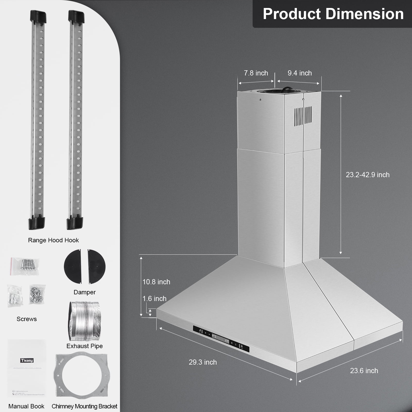 30" Stainless Steel Island Range Hood - 700CFM 120V with Touch Control, 3-Speed & LED Lights (65dB Quiet)‌