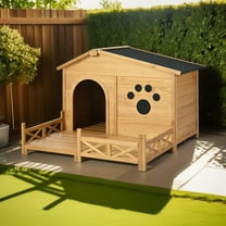 Pefilos 48" Outdoor Dog House for Medium Dogs, Weatherproof Asphalt Roof Pet Houses, Elevated Floor Paw Print Cat House, Beige