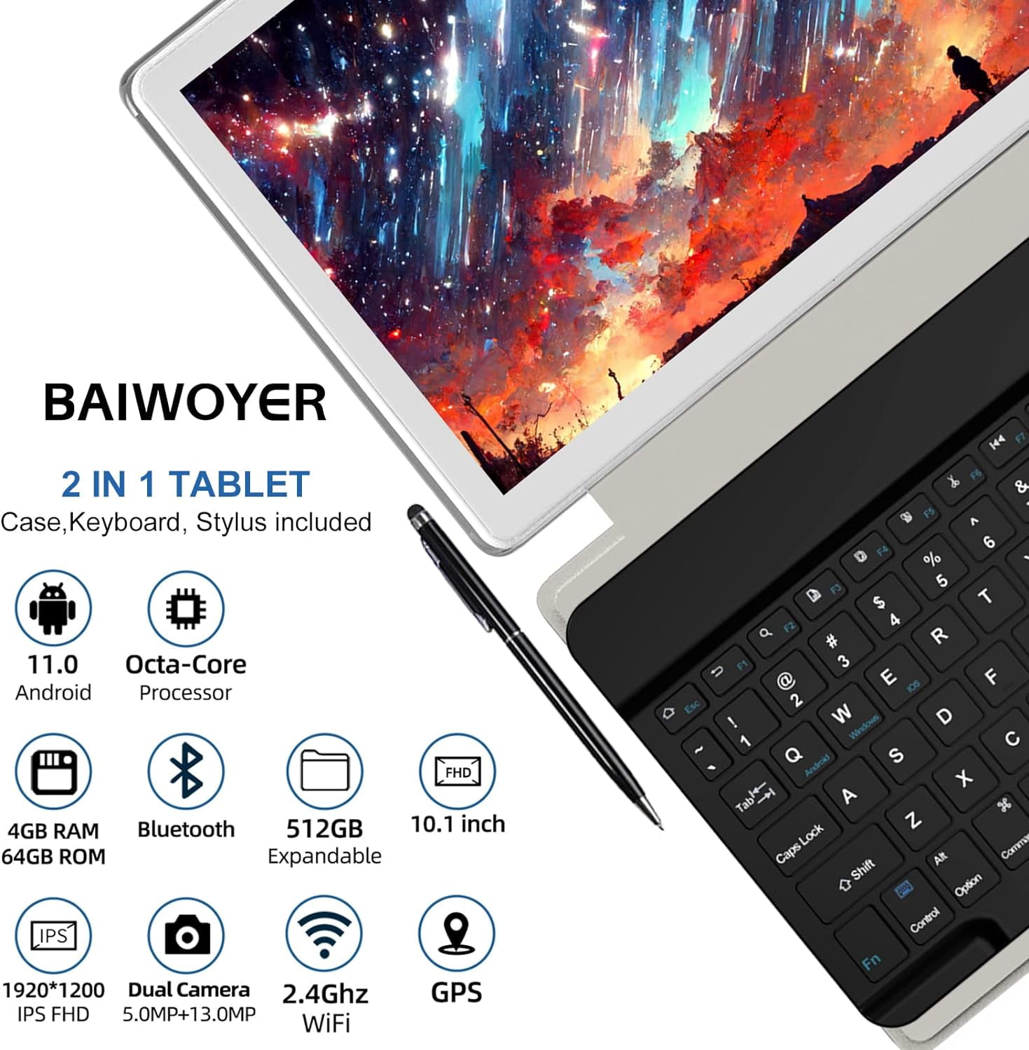 Android 11 Tablets, 2 in 1 Tablet 10.1 inch Tablet PC with Keyboard, Octa-Core, 64GB Storage, 4GB RAM, Stylus, Case, 13MP Camera, WiFi, Bluetooth, GPS (White)