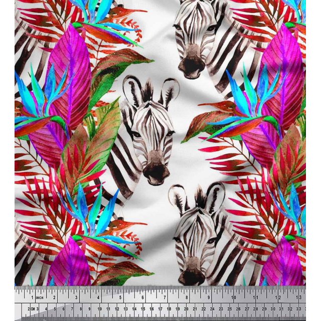 Soimoi White Moss Georgette Fabric Tropical Leaves & Wild Animal Decor Fabric Printed BTY 42 Inch Wide