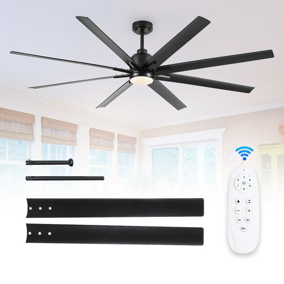 CycevSun 72 inch Ceiling Fans with Light and Remote, Modern, Industrial, Large Black, with 8 Blades