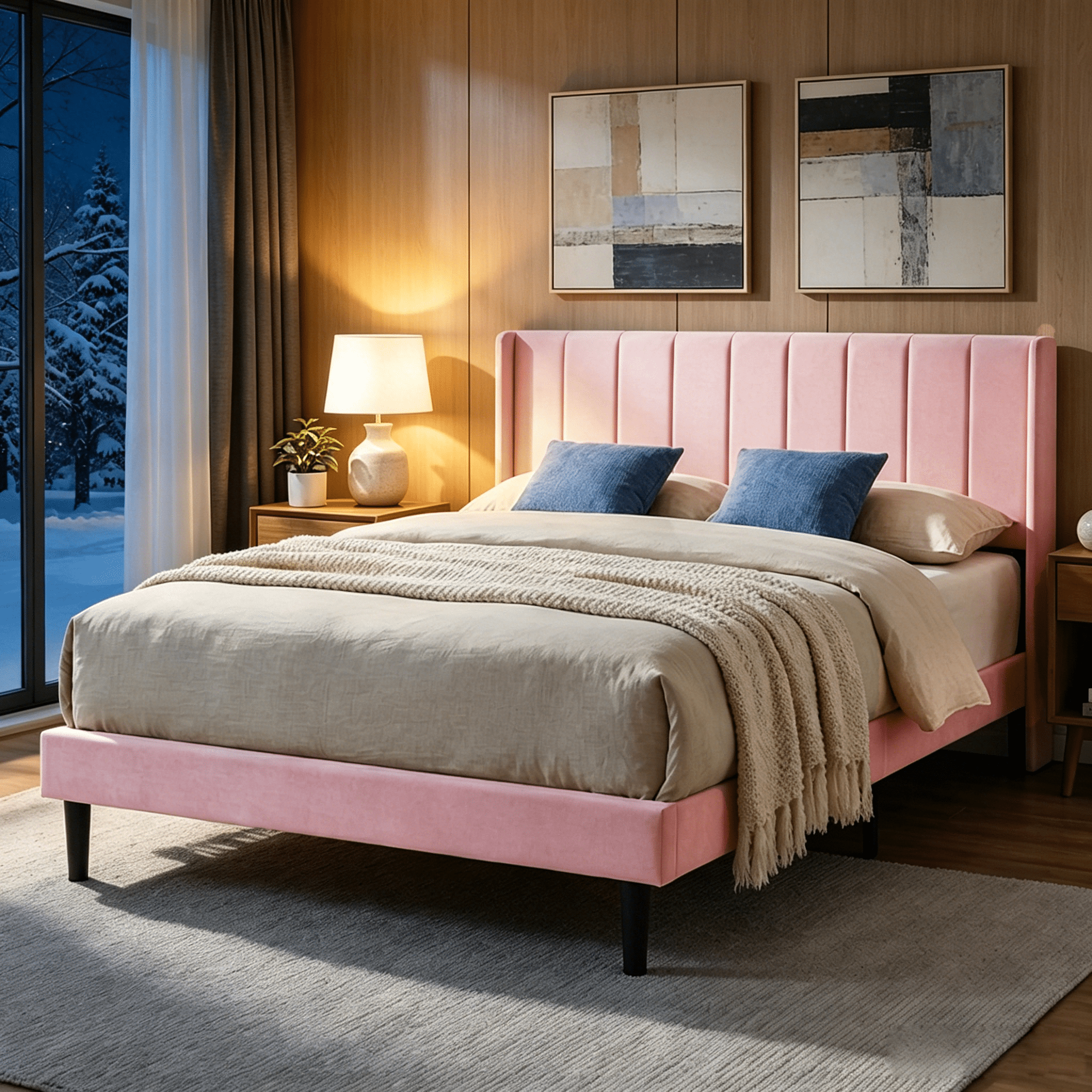 Gewnee Queen Size Velvet Upholstered Platform Bed Frame with Wood Slats,Solid Wood Construction,Under-Bed Storage,No Box Spring Needed.Pink