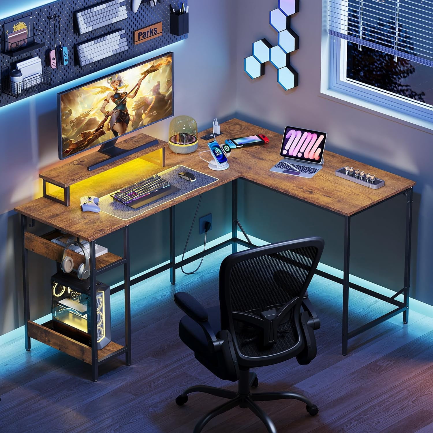HZAT 60 Inch L Shaped Gaming Desk with LED Lights & Power Outlets, Corner Desk for Small Spaces, Sturdy PC Computer Table with Storage for Home Office, Rustic Brown