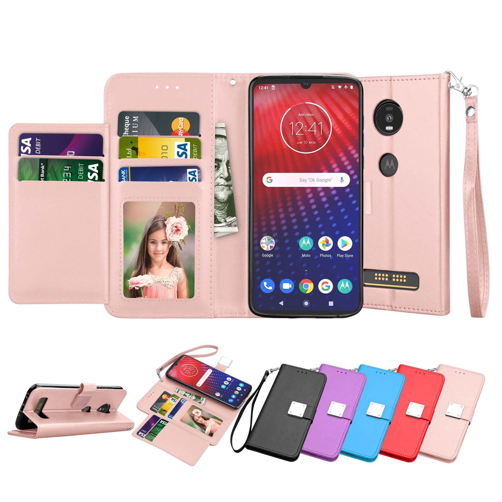 Motorola Z4 Case, Moto Z4 Wallet Case, Z4 Play PU Leather Case, Tekcoo