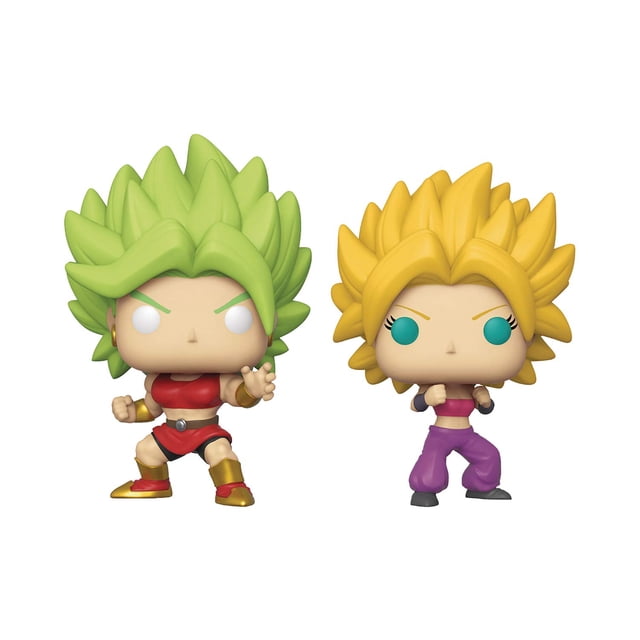 ss kale & ss caulifla 2020 funimation exclusive dragon ball z funko pop! 2-pack funko - Pack Funko Pop! con Kale y Caulifla en vista frontal; figuras vinílicas multicolor en poses de combate, cabello Super Saiyan verde y dorado, ojos simplificados, ropa roja y morada, bases integradas; cada una mide aproximadamente 3.75 pulgadas de alto.