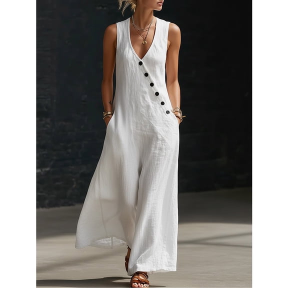 Miluxas Women's Casual Cotton Linen Jumpsuit Sleeveless V Neck Button Down Wide Leg Palazzo Pants Loose Fit Comfy Overalls with Pockets for Summer Beach White