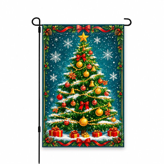 Christmas Tree Outdoor Garden Flag 12x18 Inch – Festive Green, Red, Gold Design with Ornaments, Snowflakes & Gifts – Patio, Lawn, Yard Decor