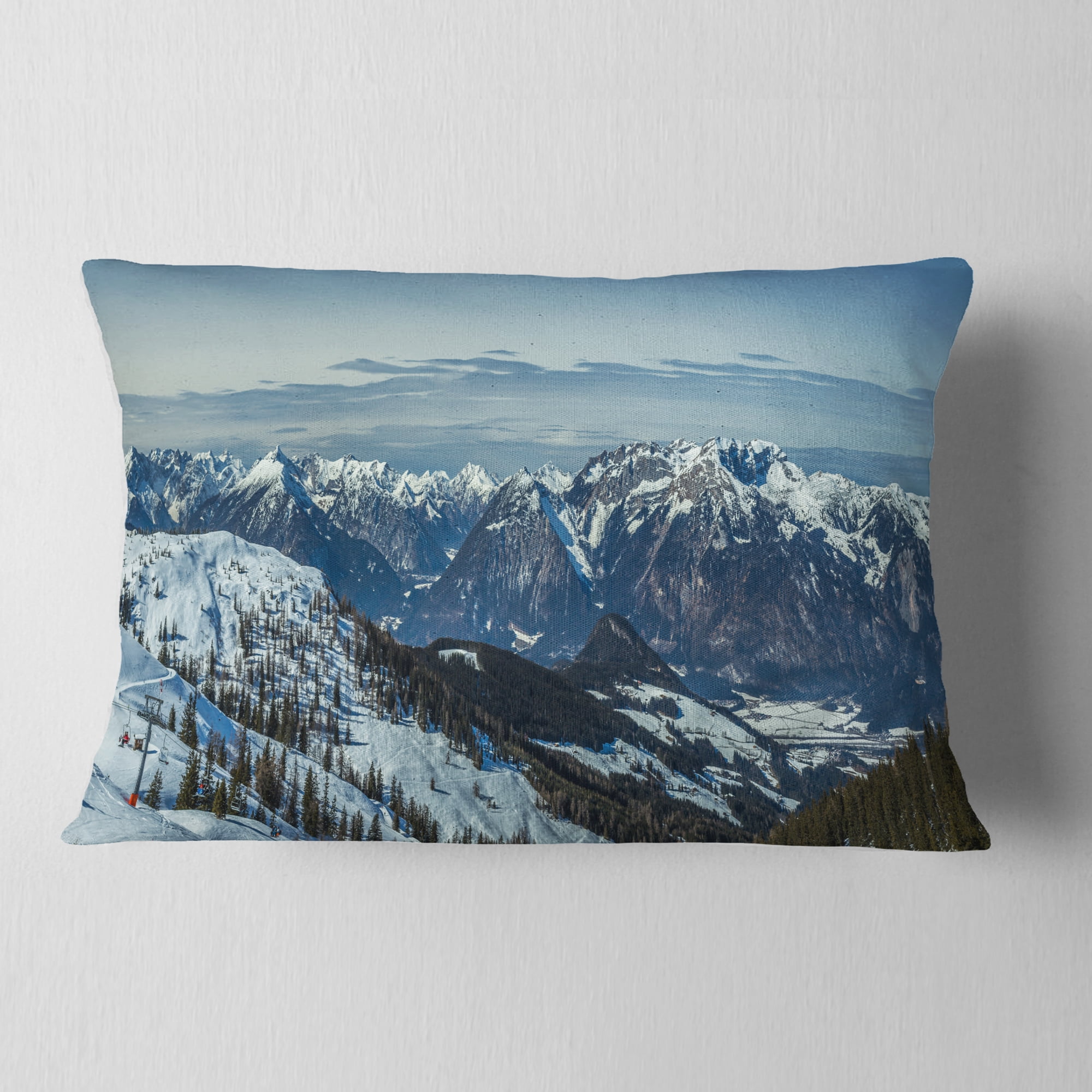 Designart White Ski Slope Panoramic View - Landscape Printed Throw Pillow - 12x20