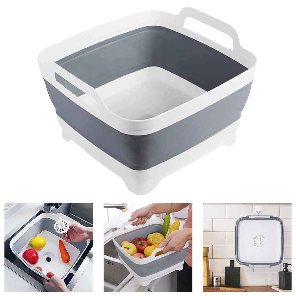 FOSJGO 2.4 Gal(9L) Collapsible Dish Basin with Drain Plug,Space Saving  Multiuse Foldable Sink Tub,Dishpan,Kitchen Sink for Camping,Plastic