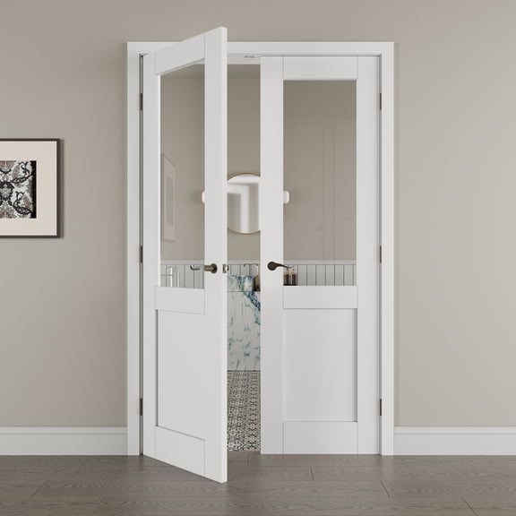 48" x 80" Half Panel Clear Glass Double Doors with French Door Ready-to-Assemble Jamb, Solid Door, Black Levers & Hinges, Interior Door, Pre-finished & Paintable, White