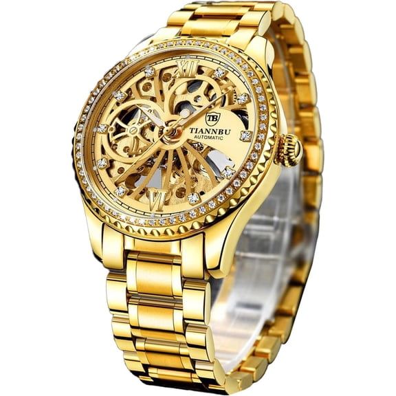 Luxury  Automatic Mechanical Watch for Men - Skeleton Dial with Mock Tourbillon,  Markers & Bezel, 9mm Thin Case Stainless Steel Band, Self-Winding Wristwatch