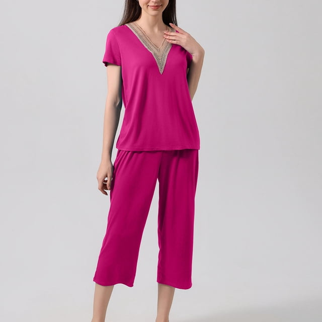 DecSea Ensembles de Pyjama Capri pour Femmes à Manches Courtes, Deux Pièces, Hauts à Col en V et Pantalons Capri P-2TG