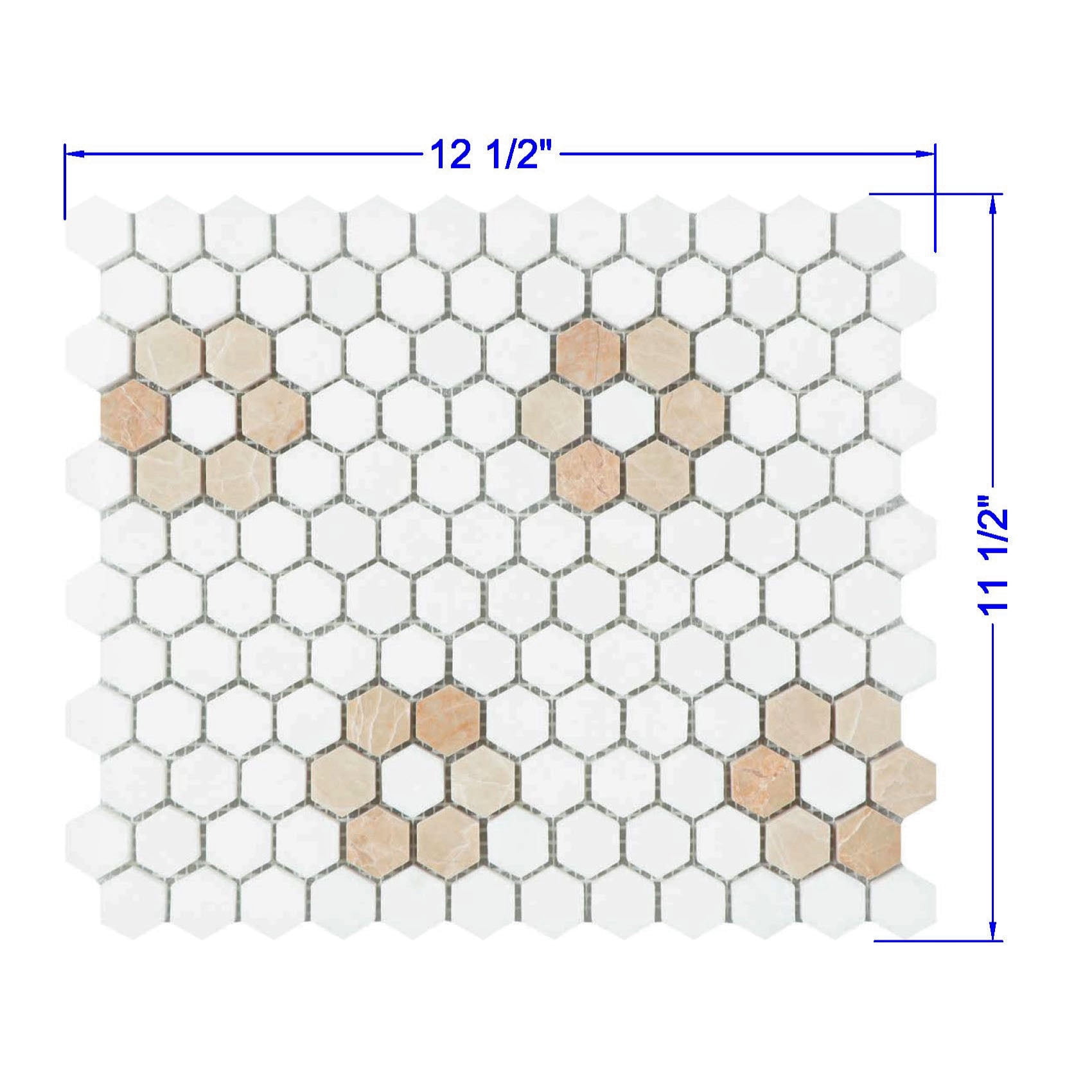 Thassos White and Peach 1" x 1" Marble Honeycomb Mosaic Wall & Floor Tile - Case (10 Sheets)