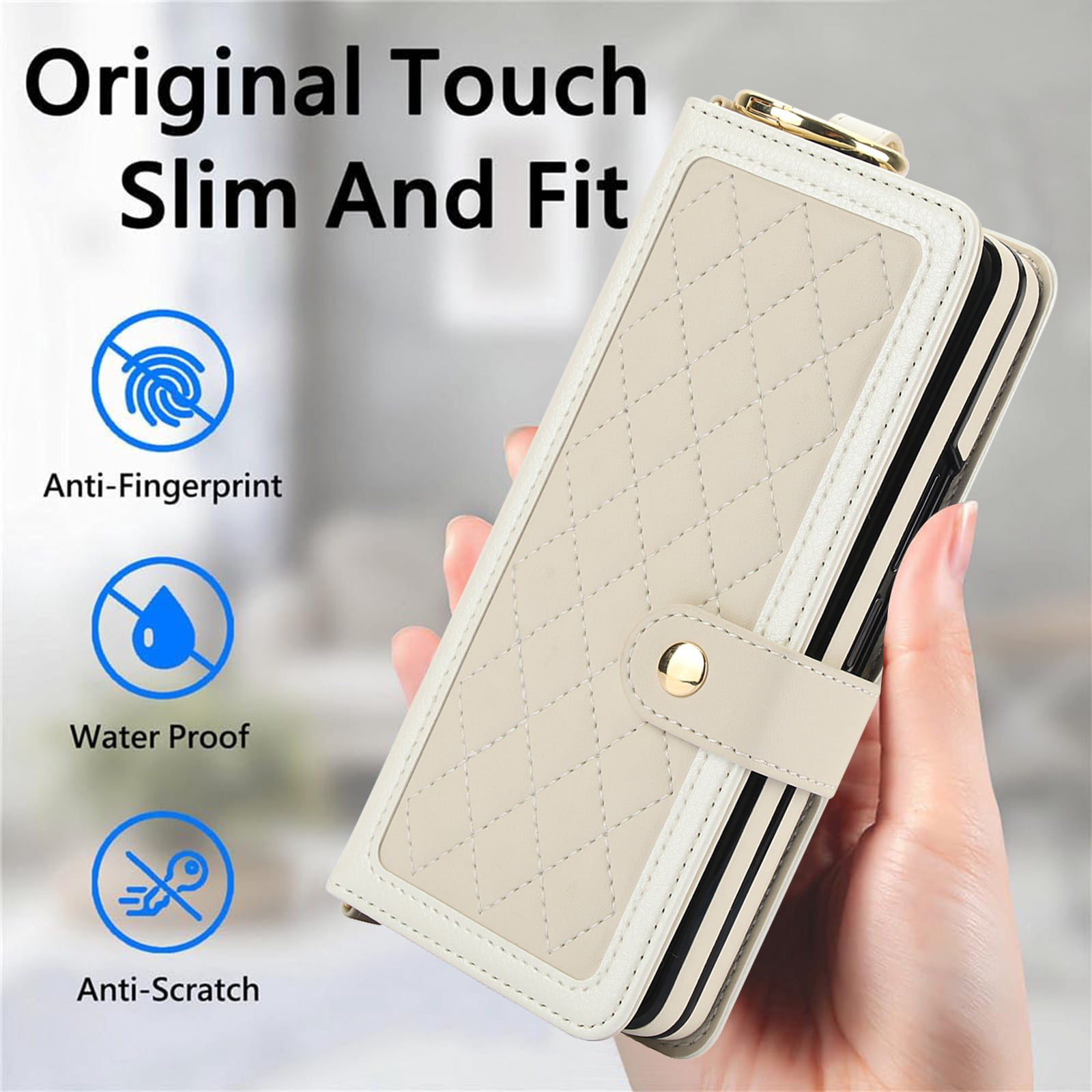 REQO Flip Phone Case for Samsung Galaxy Z Fold 6,Multifunctional Leather Wallet Cover with Wrist Strap Long Shoulder Strap RFID Blocking Case,White