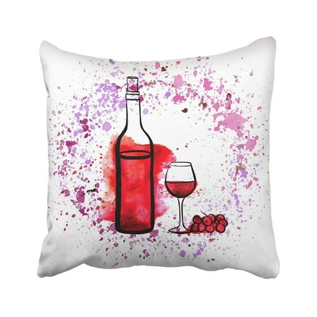 ARTJIA Watercolor Of Bottle And Glass Red Wine With Grapes And Splashes Paint On White Pillowcase Throw Pillow Cover 16x16