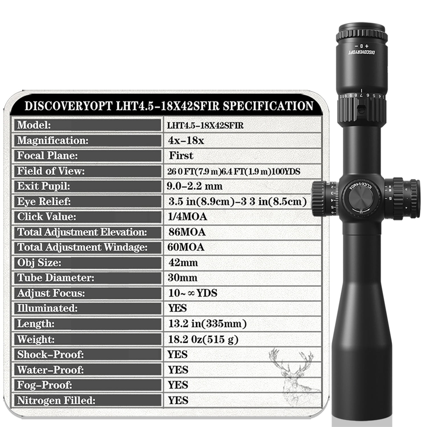 DISCOVERYOPT LHT 4.5-18X42 FFP MOA Side Parallax Adjustment Riflescope Illumination 30mm Tube