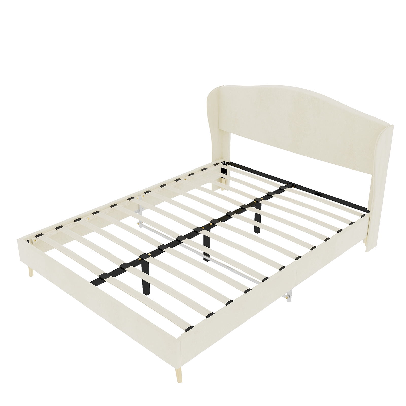 Alvantor Queen Size Upholstered Bed Frame with Padded Headboard, Holland Velvet Tufted Noise-Free & Durable Beige
