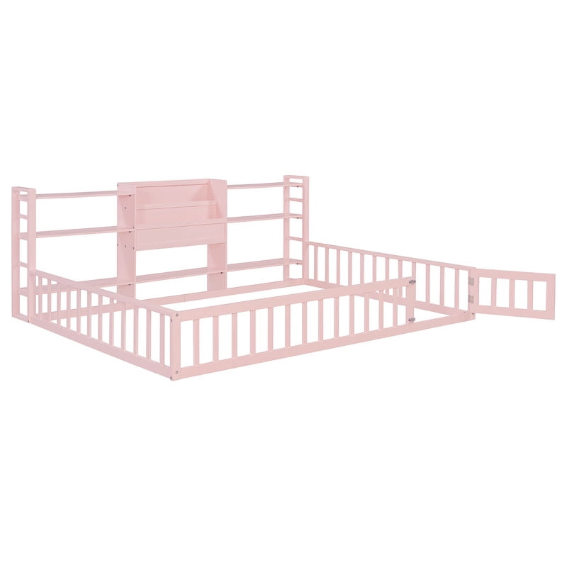Full Size Floor Bed Platform Bed with Side Bookcase and 3-Tier Storage Shelves, Solid Wood Low Profile Montessori Floor Bed with Safety Guardrails for Kids, Boys, Girls