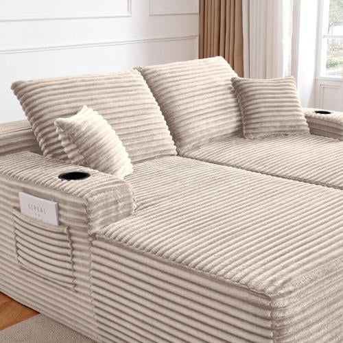 69" Plush Cloud Sectional Sofa, 2-Seater with Double L&R Chaise, Spring Padding, Beige