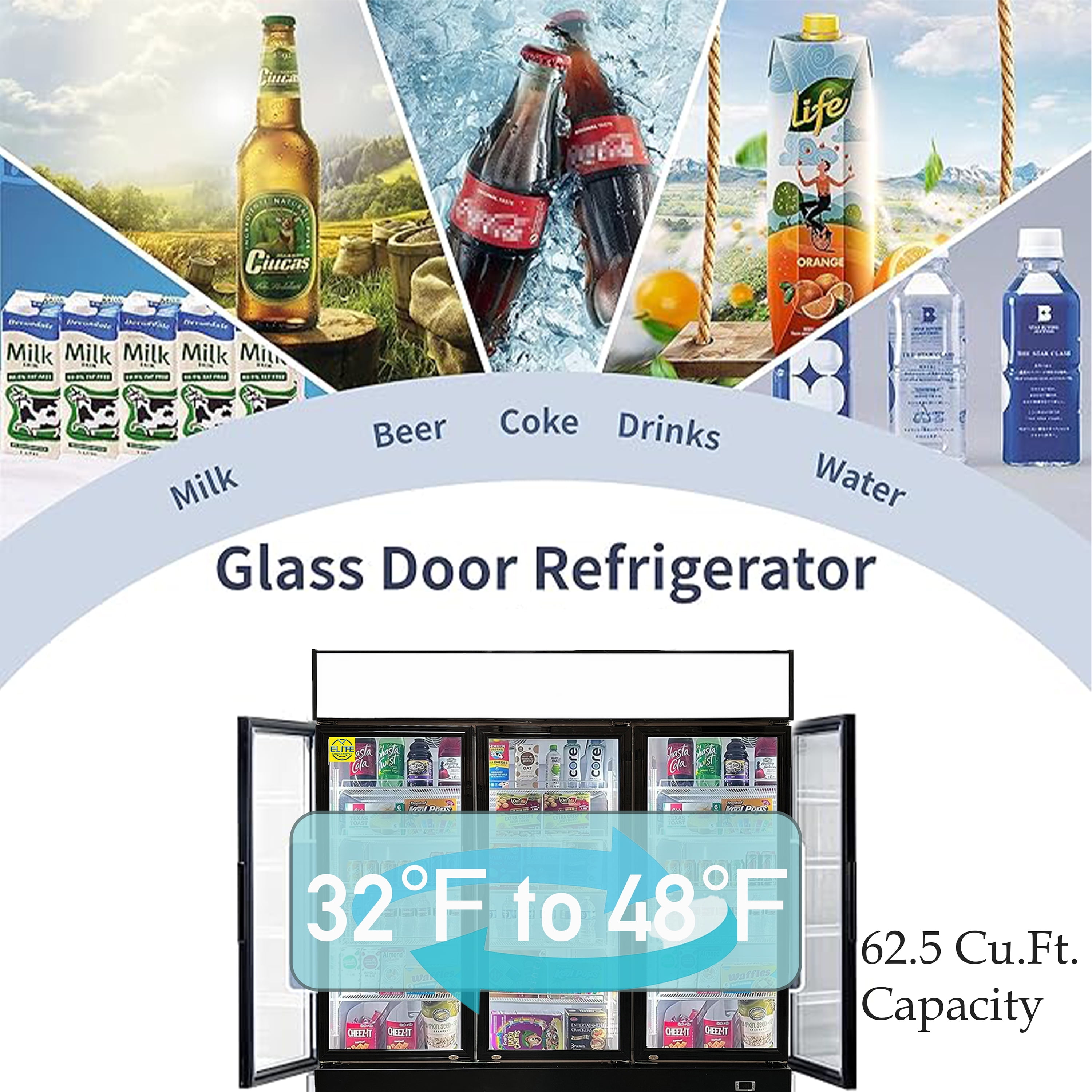 NSF 3-Door Commercial Glass Door Refrigerator Merchandiser, 49 Cu.Ft. LED Lighting, Fan Cooling, ETL & NSF Certified