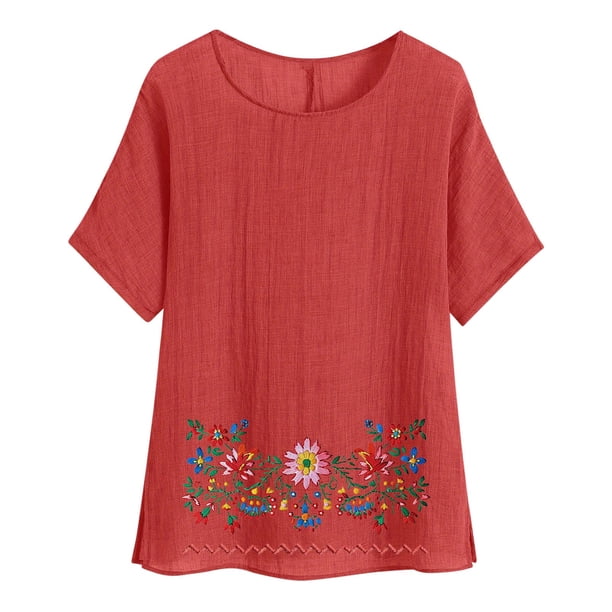 Camiseta de Mujer Camiseta de Manga Corta Impresión Casual Raglan Suelto de Lino Top Blusas, Cuello de la Tripulación