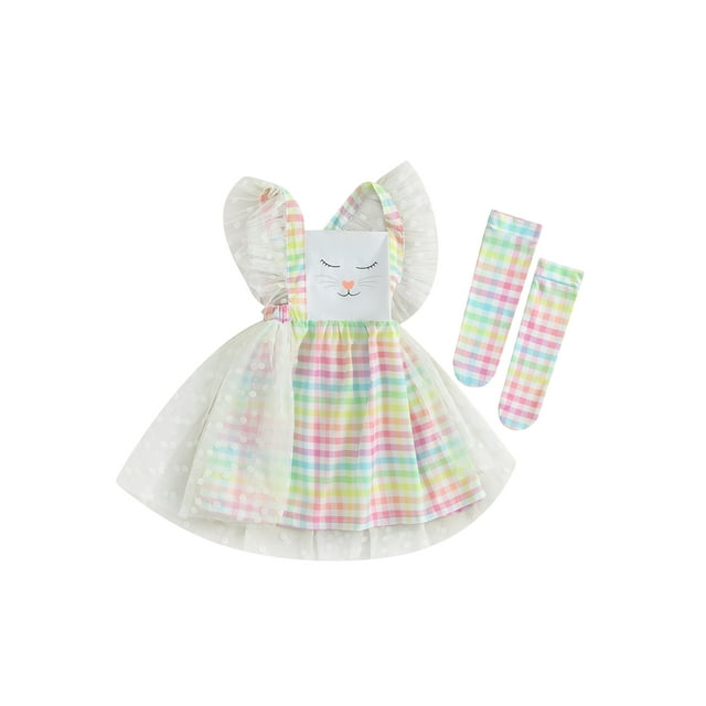 EYIIYE Ensemble de Pâques 2 Pcs pour Filles, Robe Sans Manches pour Bébé, Col Carré, Imprimé Rabbit, Patchwork en Maille + Chaussettes à Carreaux, Robe Princesse Mignonne pour Petite Fille, Tenues de Fête Quotidiennes pour Tout-Petits