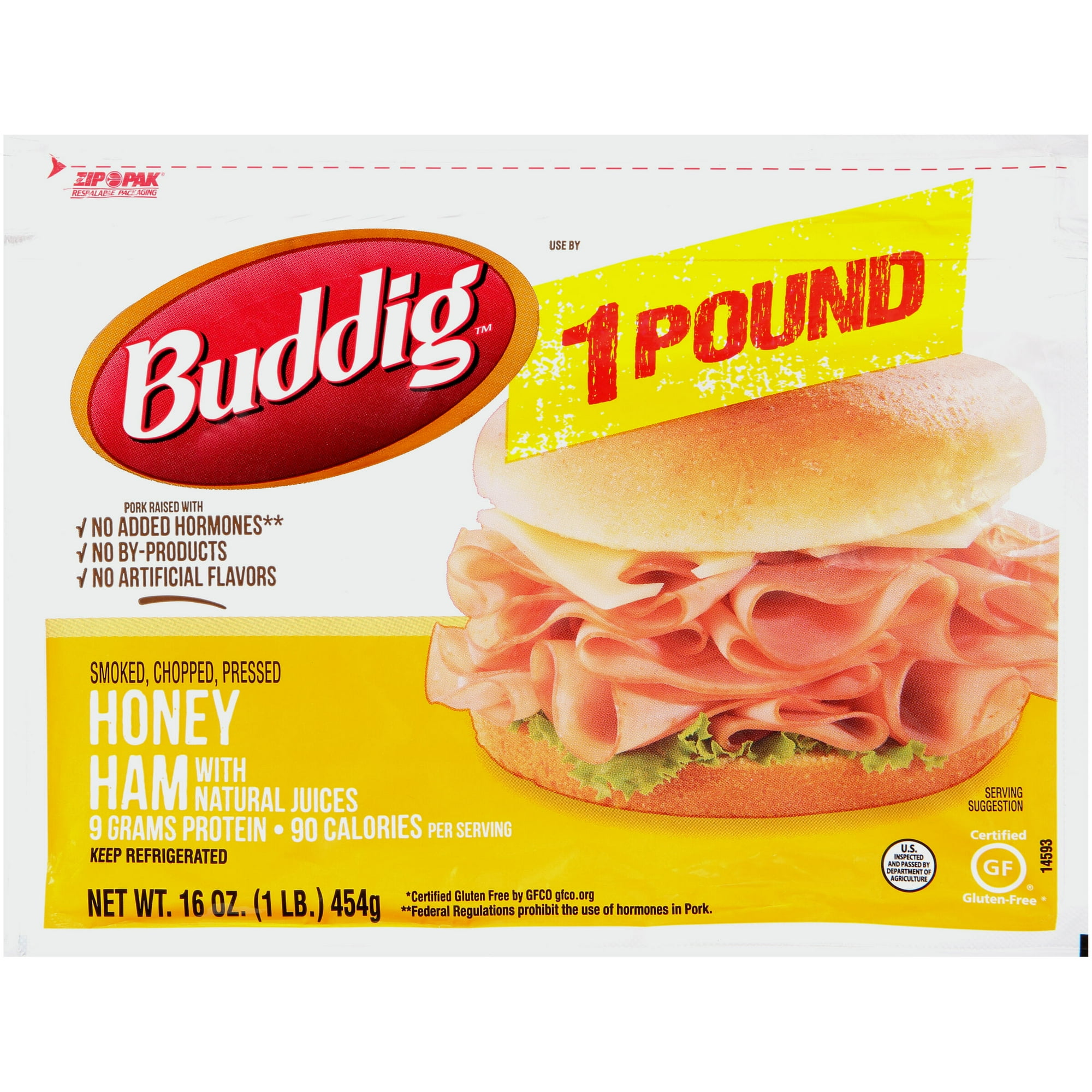 Buddig Original Honey Ham Lunchmeat, Resealable Plastic Pouch 16 oz, 9G of Protein per Serving, Refrigerated