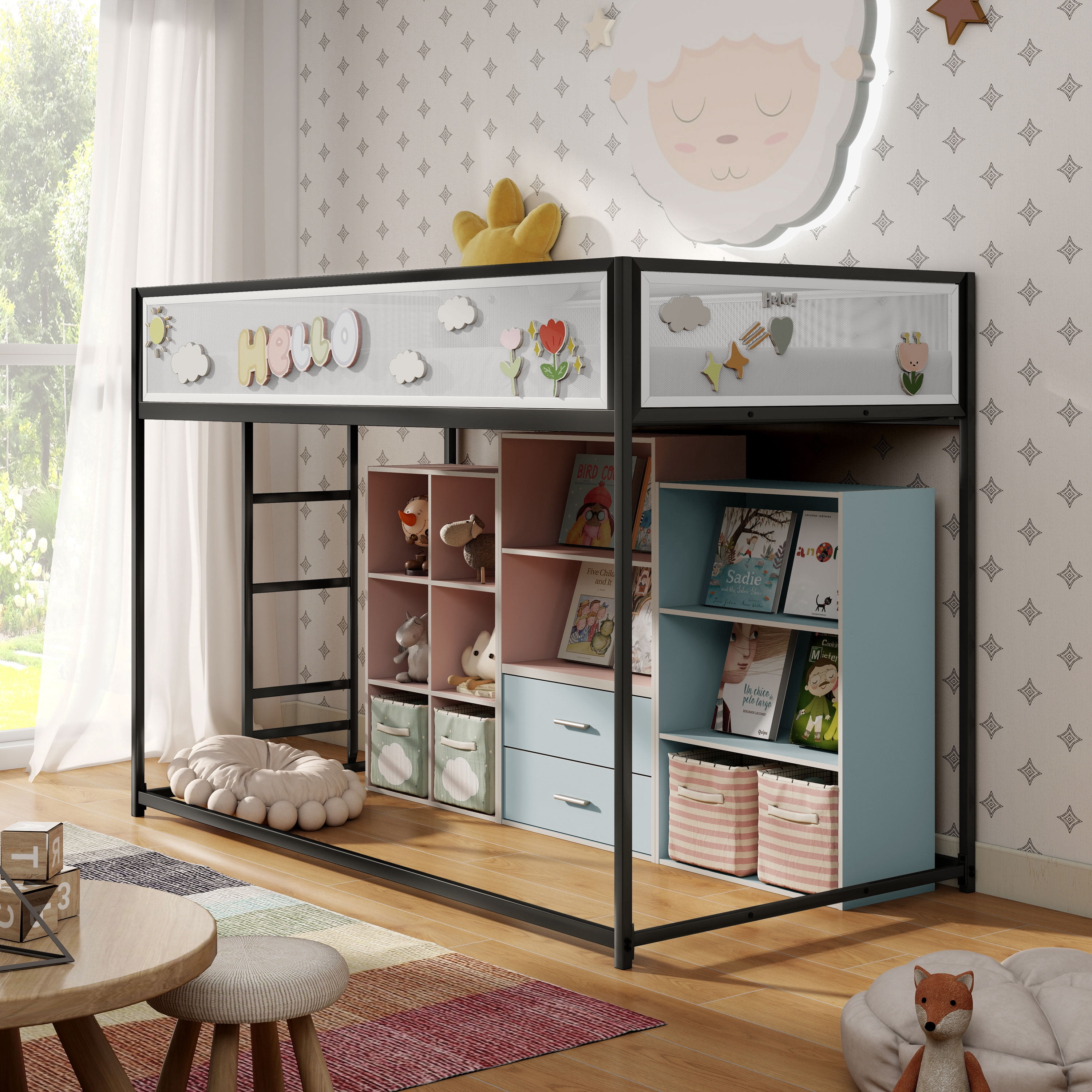 Furniture of America Veric Kids Black Twin over Twin Low Profile Bunk Bed with White Magnetic Mesh Panel