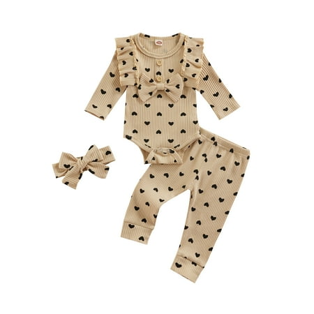 

MERSARIPHY 3Pcs Baby Girls Outfits Heart Print Romper + Pants + Headband