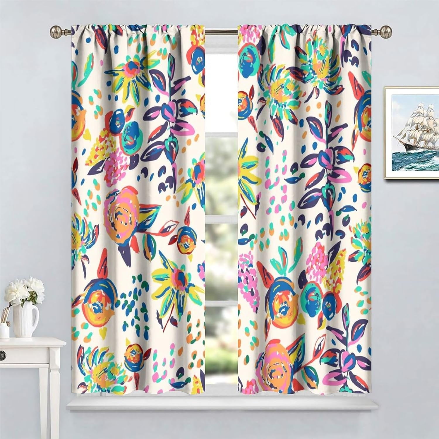 Floral Print Curtains for Living Room, Boho Paisley Flower Window Treament for Bedroom, Colorful Jacobean Blackout Drapes 2 Panel Sets,42x63 Inch
