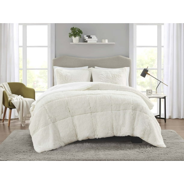 Mainstays Shaggy Faux Fur 3 Piece Ivory Comforter Bed Set, Comforter