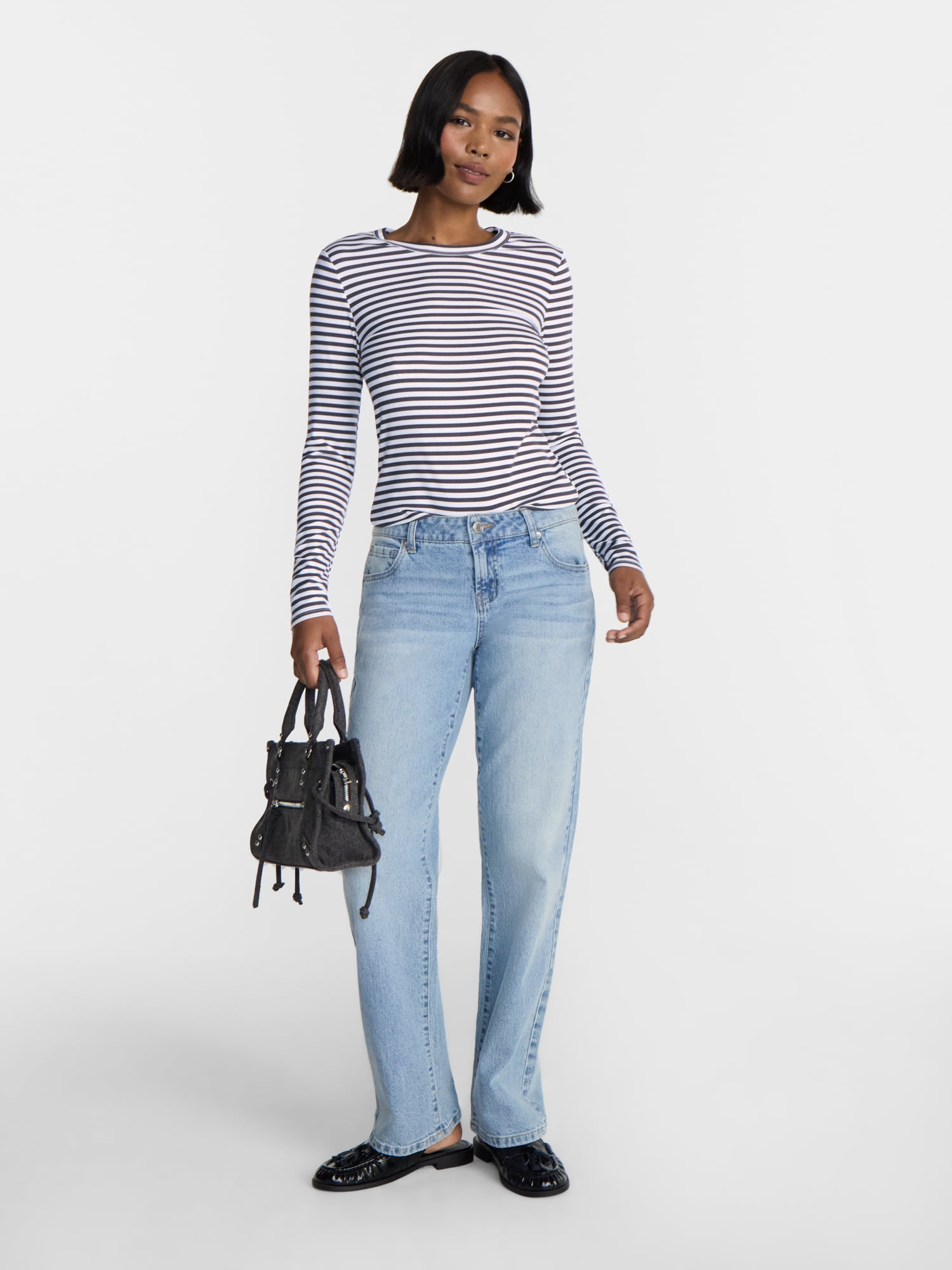 No Boundaries Ribbed Crewneck Tee with Long Sleeves, Women's and Women's Plus XXS-4X