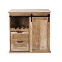 LuxenHome Natural Oak Finish Wine Bar Cabinet with 2 Drawers, Wood Storage Sideboard with Slide Door