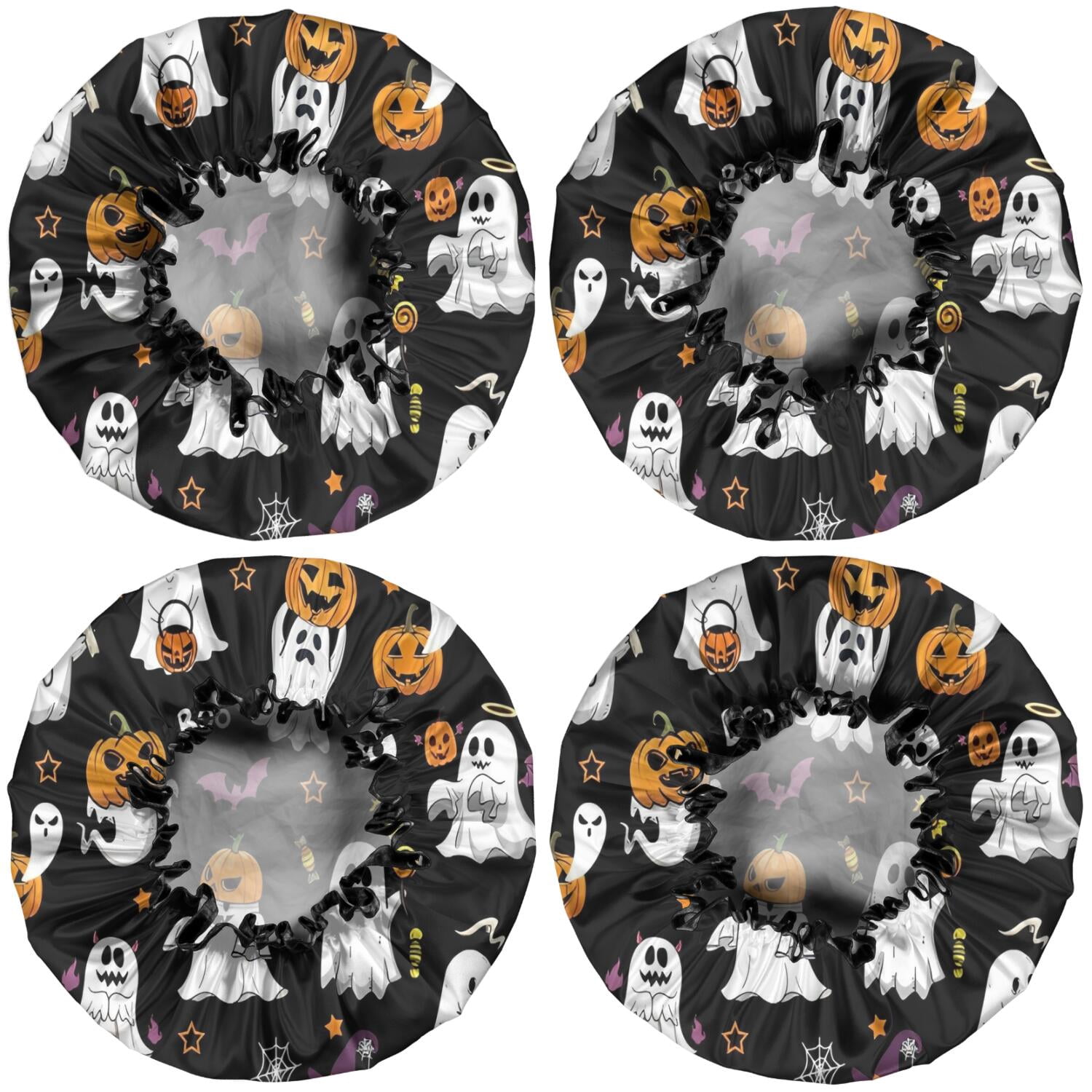 Shower Caps,Black Halloween Ghosts and Pumpkins Waterproof Shower Cap for Women 4 Pieces,Double Reusable Hair Cover for Shower PEVA Elastic Stretch Hem