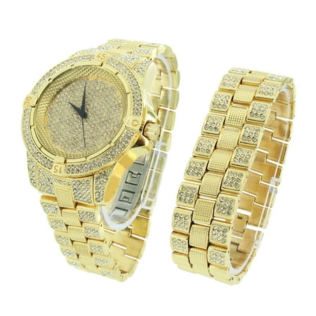 Gold Finish Watch Bracelet Black Bezel Fully Iced Out Lab Created Cubic Zirconias Stainless Steel