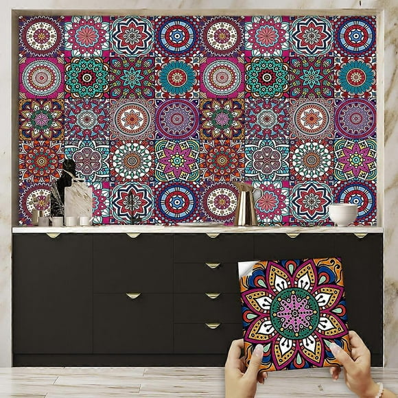 16 sheets of coloured Moroccan tile stickers (15cm x 15cm, 6 x 6 inches) Mandala kitchen bathroom wall tile stickers Peel and stick on tile transfer c
