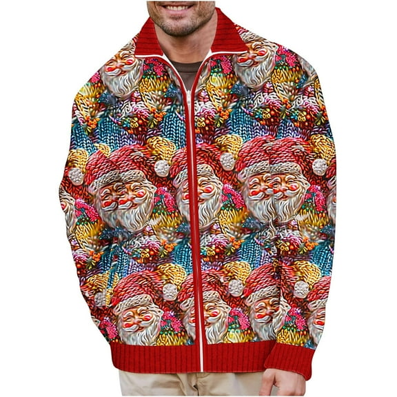 SERTG Men Christmas Tops Fashion Christmas Print Hoodless Casual Coat Holiday Lapel Collar Zip Shirt Long Sleeve Cardigan Pullover(Red,2XL)
