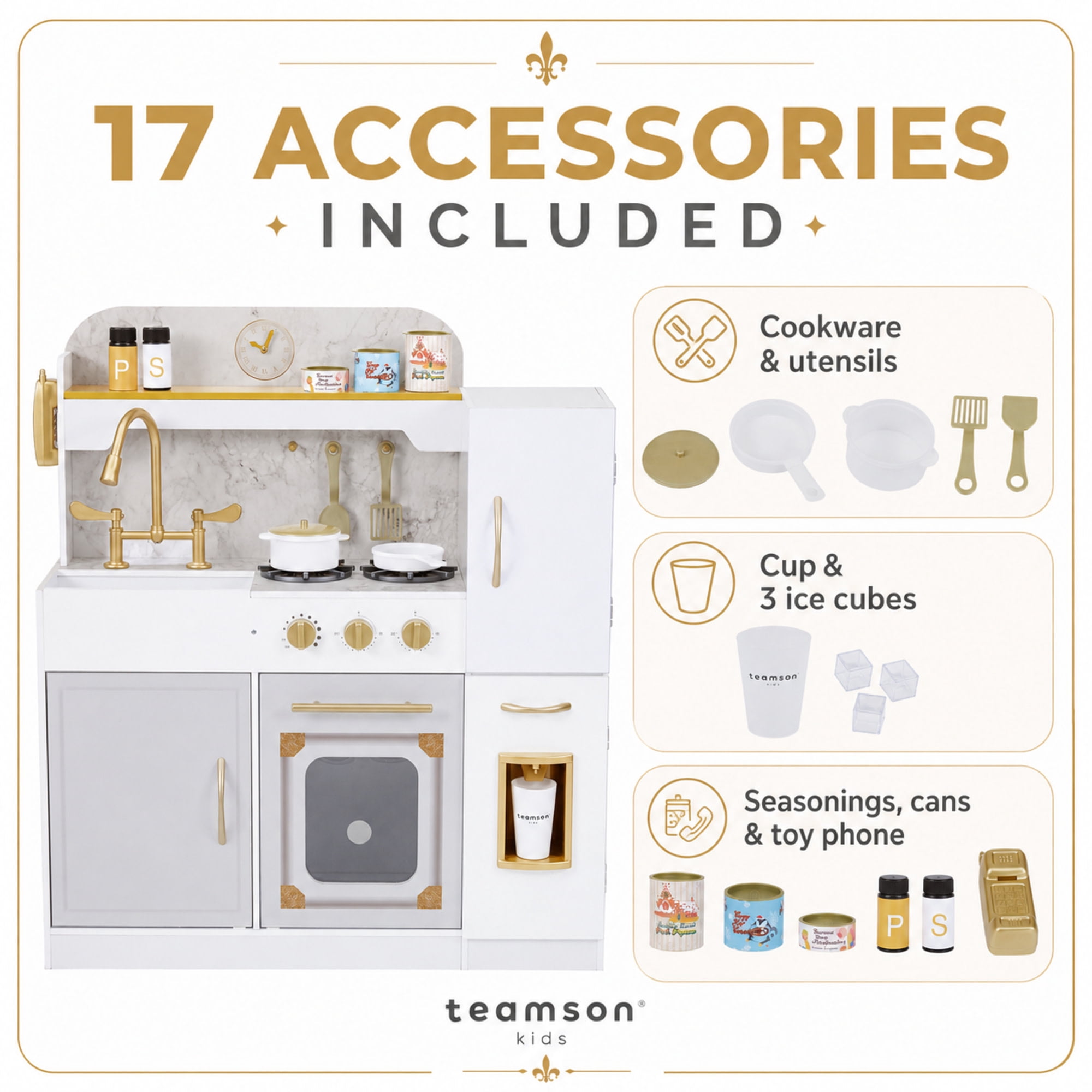 Teamson Kids Play Kitchen Set with Refrigerator, 17 Accessories, Interactive White Pretend Play Wooden Kitchen with Gold Tap - Little Chef Versailles