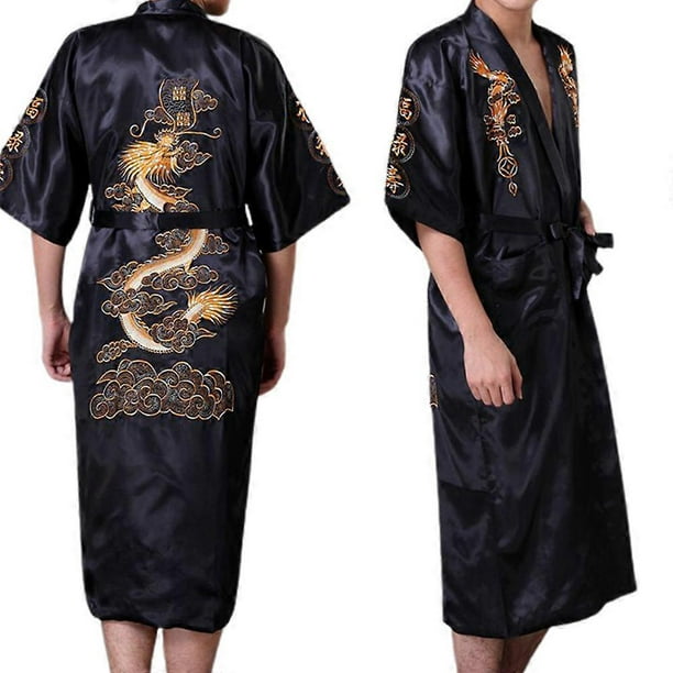 Chinese Style Men s Satin Bath Robe Dragon Design Silk Pajamas Sleepwear M 2XL Navy Blue/Red/White/Black/Blue